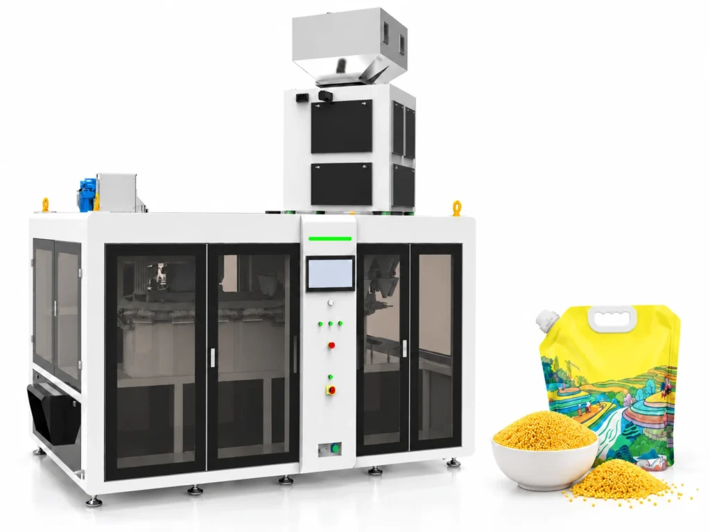SPFC-1200R machine with spout pouch and grain; application illustration
