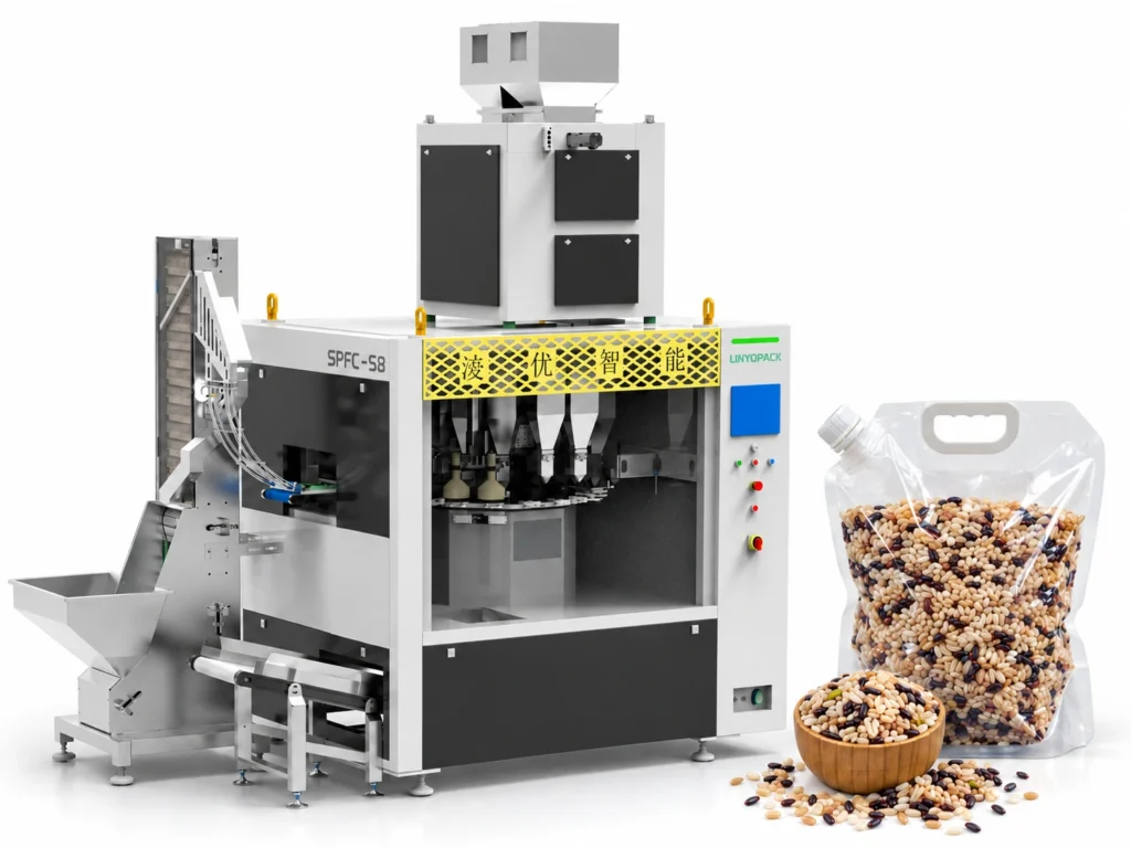 SPFC-S8 machine with spout pouch and grain; application illustration
